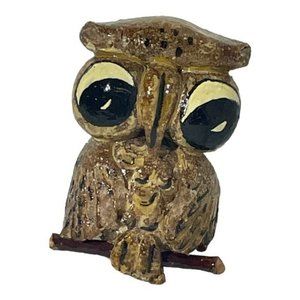 Artisan Hand Carved Handpainted Owl Pin Brooch